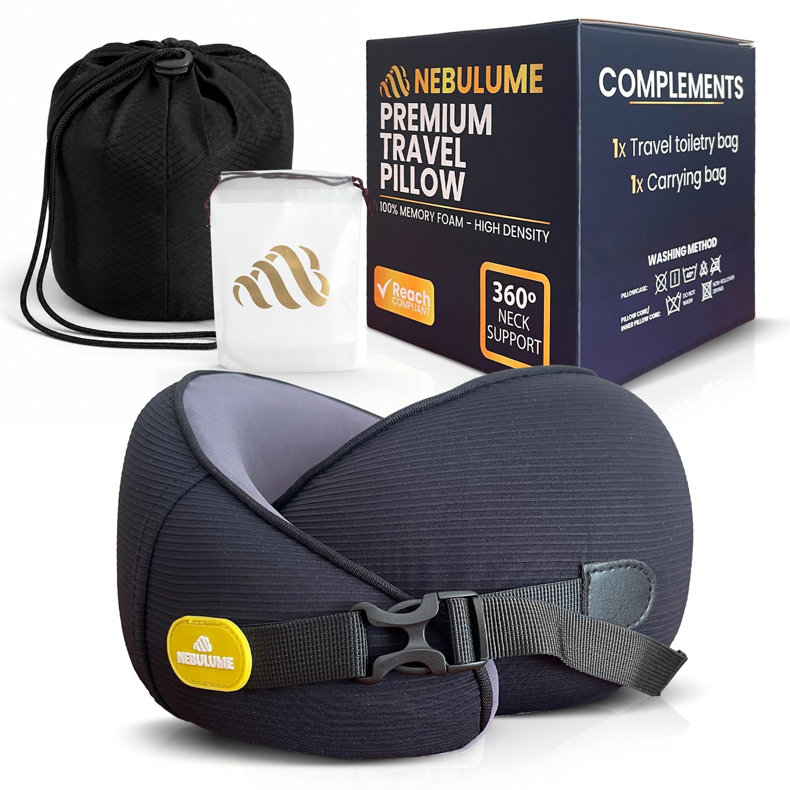 Almohada de viaje premium Nebulume, con funda de transporte y neceser de regalo